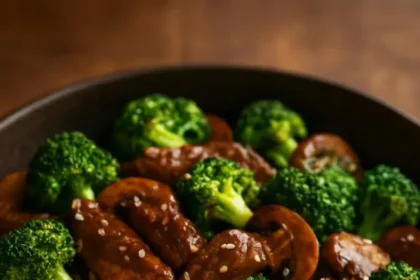 Delicious Beef Stir-Fry with broccoli and mushrooms served in a bowl