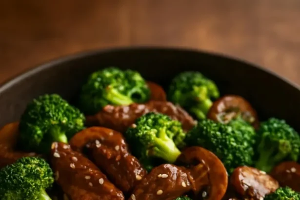 Delicious Beef Stir-Fry with broccoli and mushrooms served in a bowl