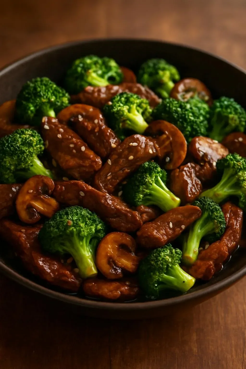 Delicious Beef Stir-Fry with broccoli and mushrooms served in a bowl