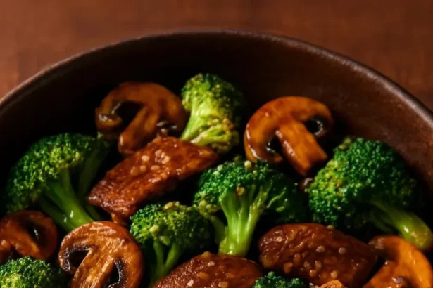 Beef stir-fry with broccoli and mushrooms in a skillet.