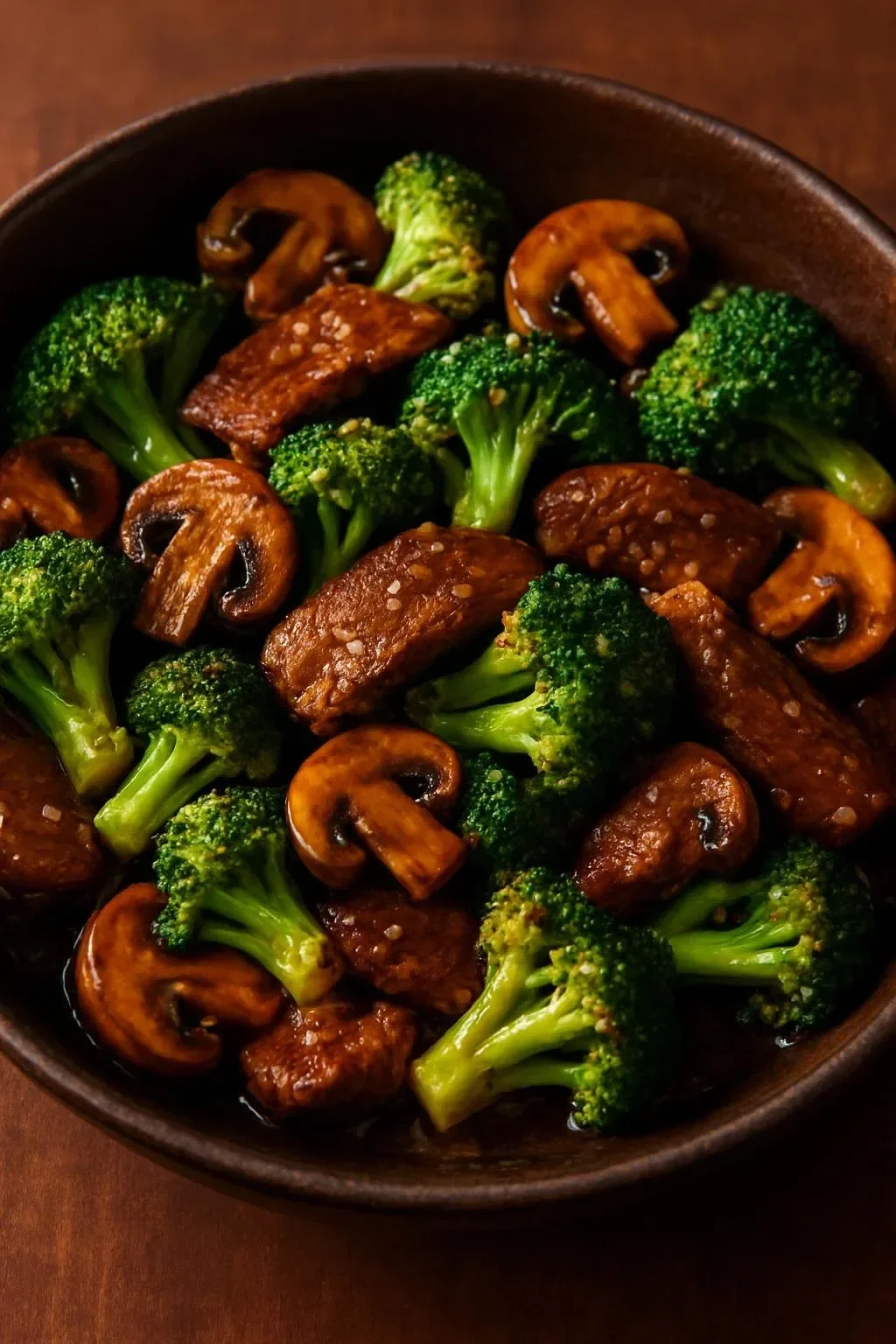 Beef stir-fry with broccoli and mushrooms in a skillet.