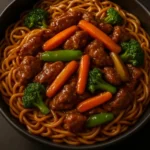 Plate of Beef Lo Mein with Vegetables, garnished and ready to serve.