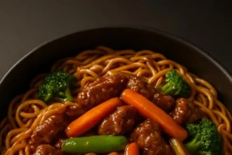 Plate of Beef Lo Mein with Vegetables, garnished and ready to serve.