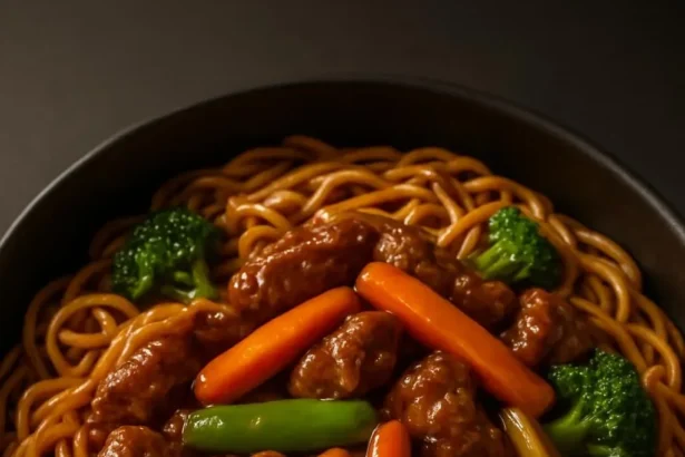 Plate of Beef Lo Mein with Vegetables, garnished and ready to serve.