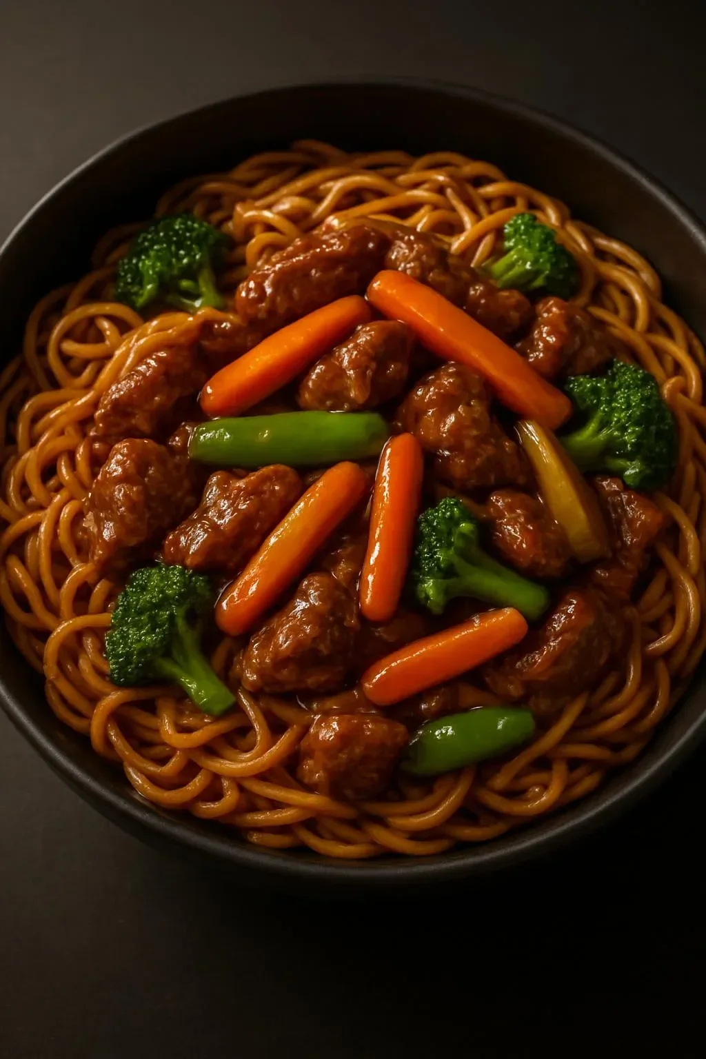 Plate of Beef Lo Mein with Vegetables, garnished and ready to serve.