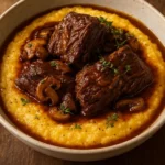 Beef short ribs served with creamy cheddar grits on a white plate