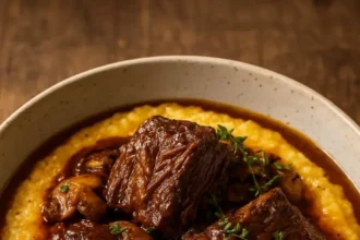 Beef short ribs served with creamy cheddar grits on a white plate