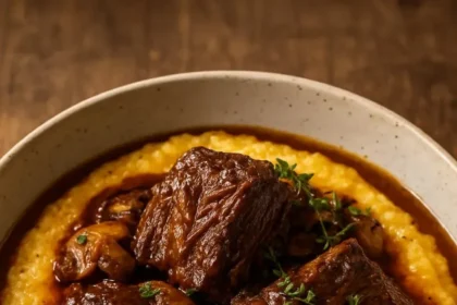 Beef short ribs served with creamy cheddar grits on a white plate