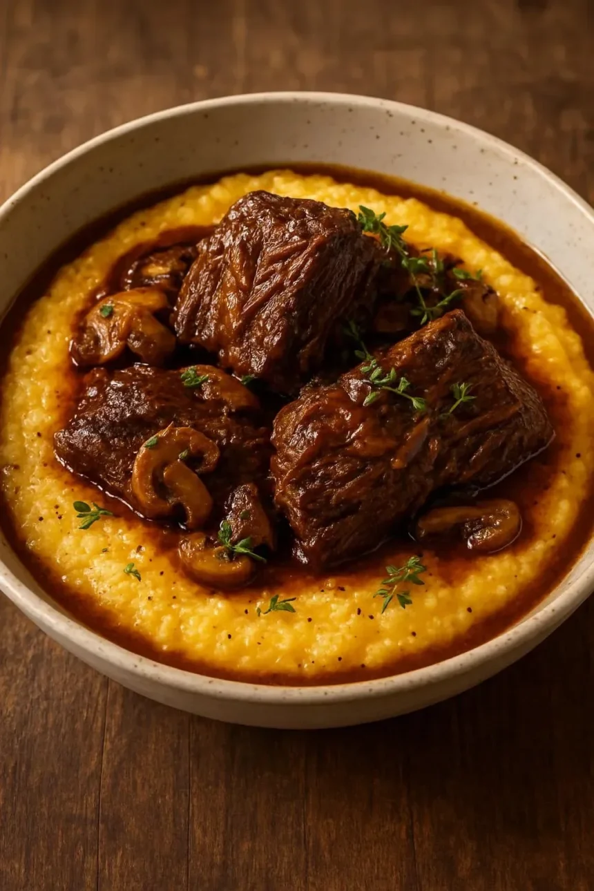 Beef short ribs served with creamy cheddar grits on a white plate