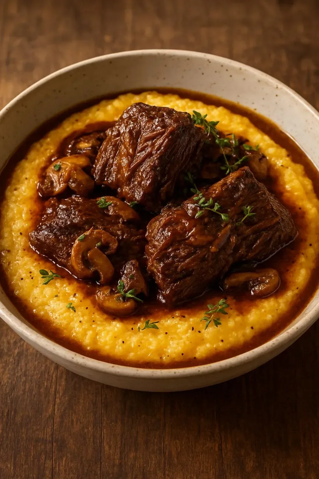 Beef short ribs served with creamy cheddar grits on a white plate