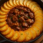 Delicious beef stew with golden potatoes served in a rustic bowl.