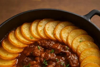 Delicious beef stew with golden potatoes served in a rustic bowl.
