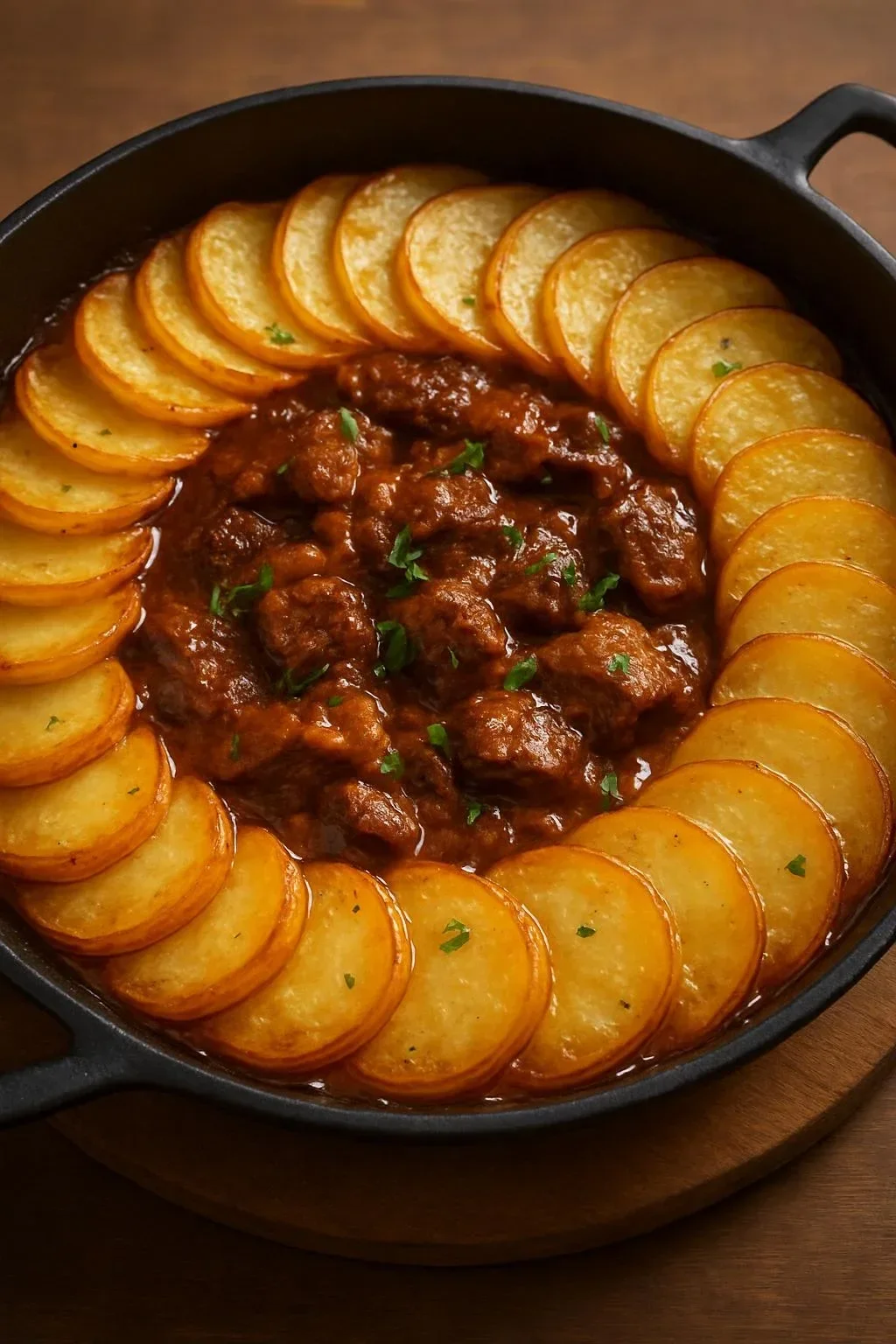 Delicious beef stew with golden potatoes served in a rustic bowl.