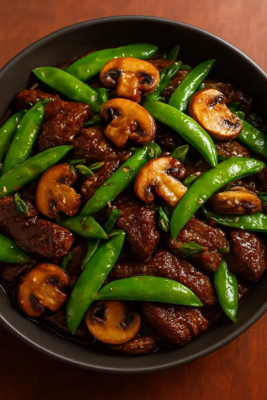 Beef stir-fry with snow peas and mushrooms in a vibrant dish