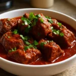 Bowl of Beef Vindaloo curry with rice, garnished with cilantro