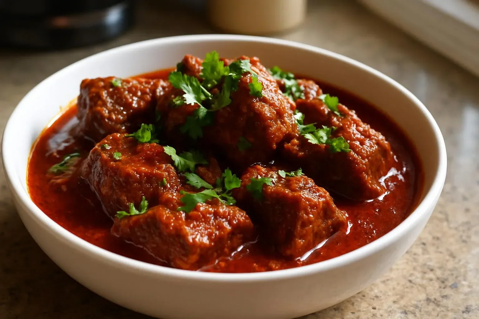 Bowl of Beef Vindaloo curry with rice, garnished with cilantro