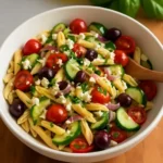 Colorful bowl of the best pasta salad with fresh vegetables and dressing