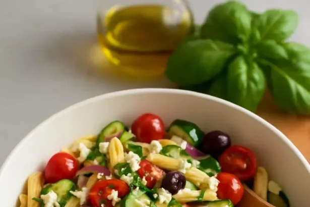 Colorful bowl of the best pasta salad with fresh vegetables and dressing