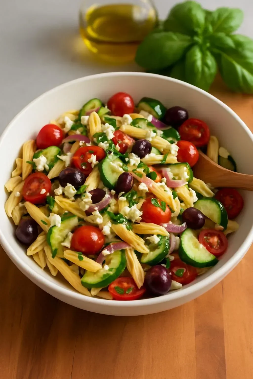 Colorful bowl of the best pasta salad with fresh vegetables and dressing