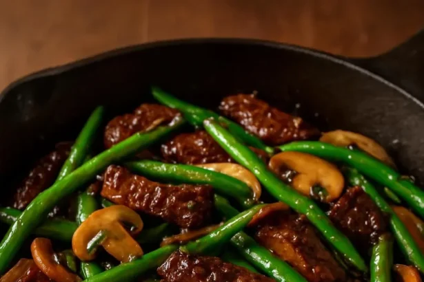 Black Pepper Beef, Mushroom, and Green Bean Stir-Fry served in a bowl