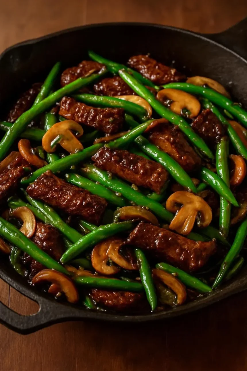 Black Pepper Beef, Mushroom, and Green Bean Stir-Fry served in a bowl