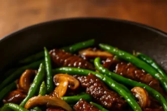 Black pepper beef stir-fry with vegetables in a skillet