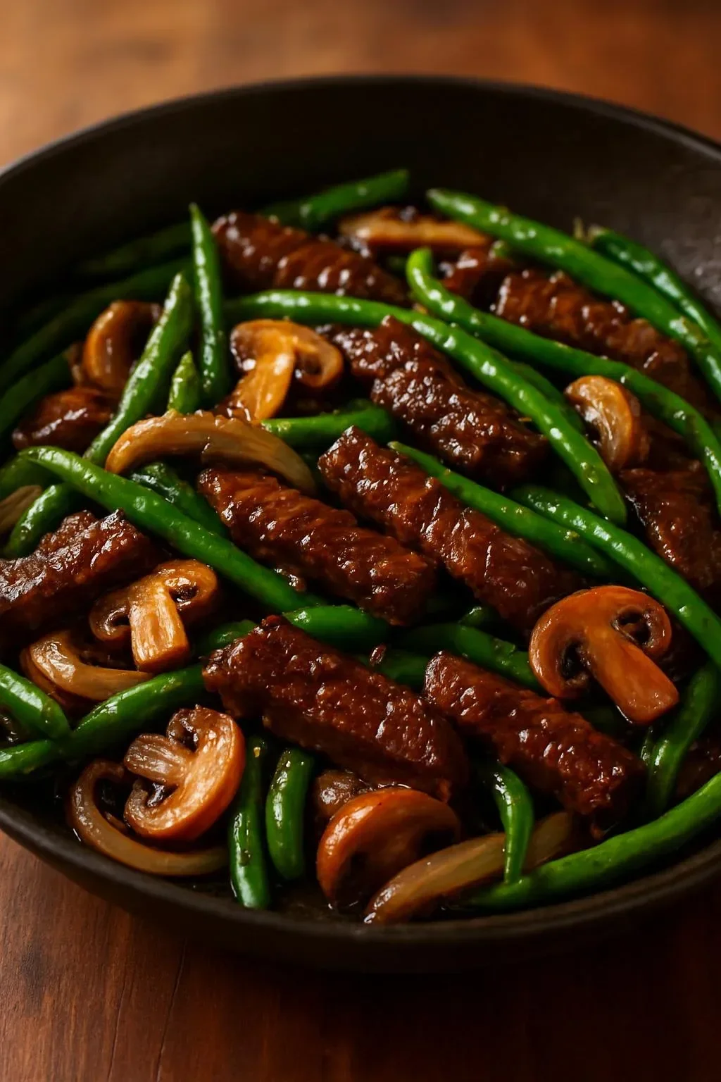 Black pepper beef stir-fry with vegetables in a skillet