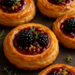 Blackberry Brie Pastry Swirls topped with fresh blackberries on a wooden table