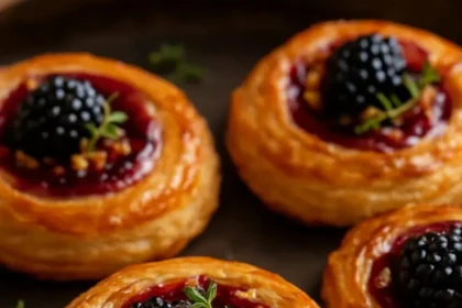 Blackberry Brie Pastry Swirls topped with fresh blackberries on a wooden table