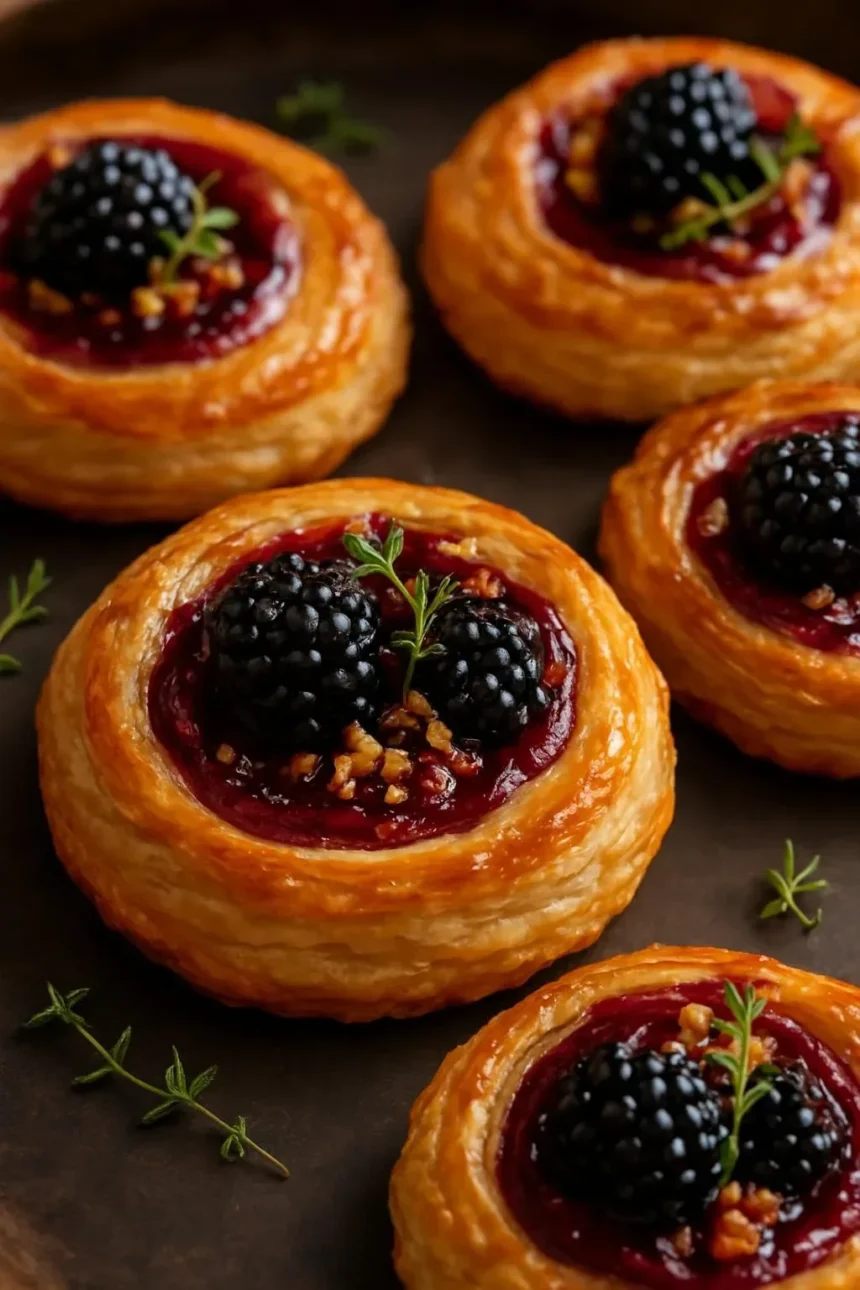 Blackberry Brie Pastry Swirls topped with fresh blackberries on a wooden table
