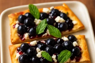 Berries and chèvre flatbread topped with fresh fruits and cheese