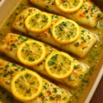 Plated lemon-garlic cod with fresh herbs and lemon slices.