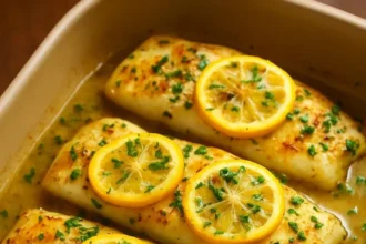 Plated lemon-garlic cod with fresh herbs and lemon slices.