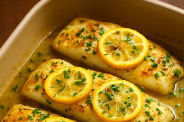 Plated lemon-garlic cod with fresh herbs and lemon slices.