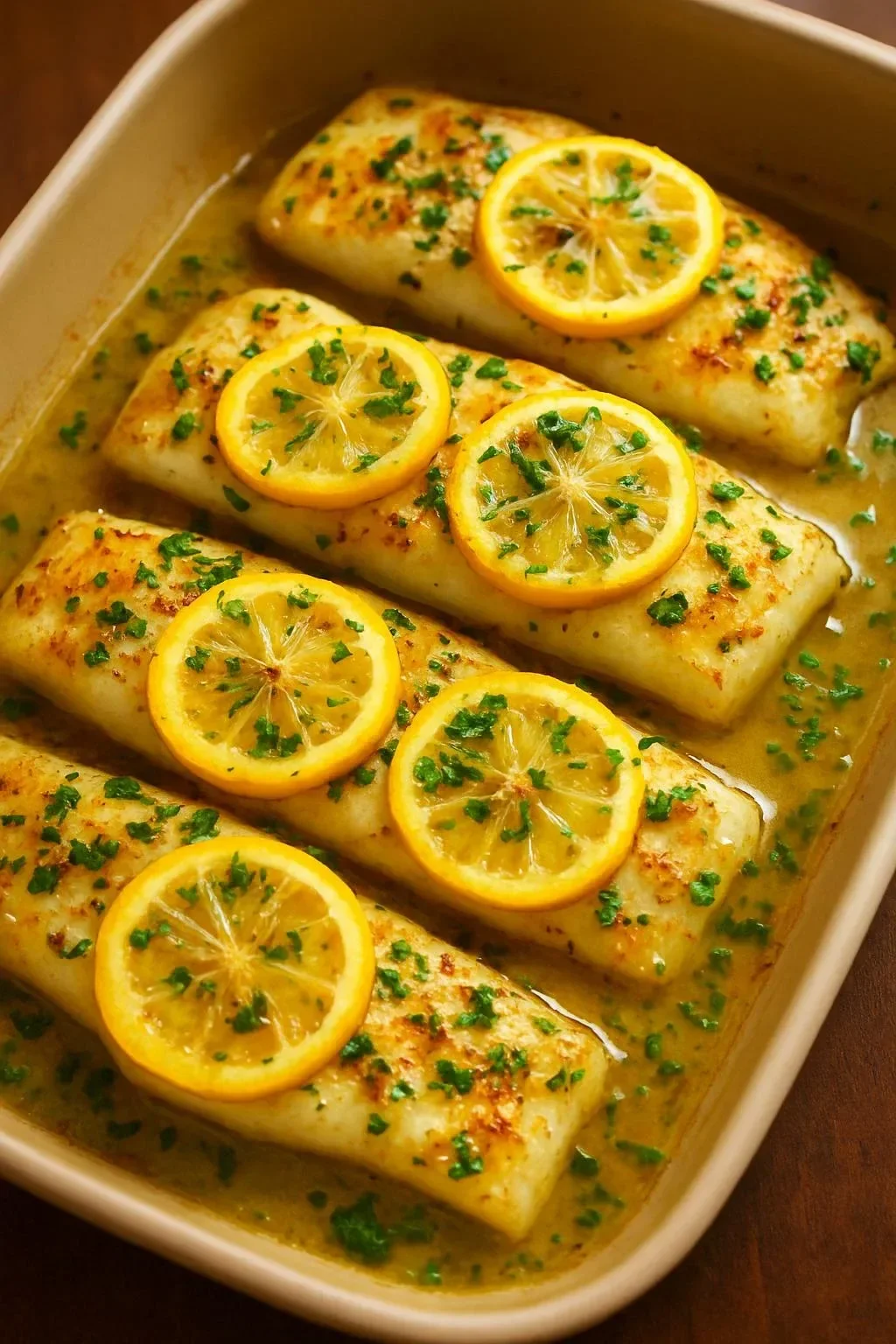 Plated lemon-garlic cod with fresh herbs and lemon slices.