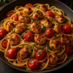 Plate of Bruschetta Chicken Pasta with fresh tomatoes and basil