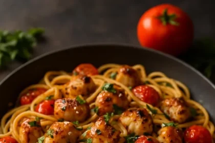 Plate of Bruschetta Chicken Pasta with fresh tomatoes and basil