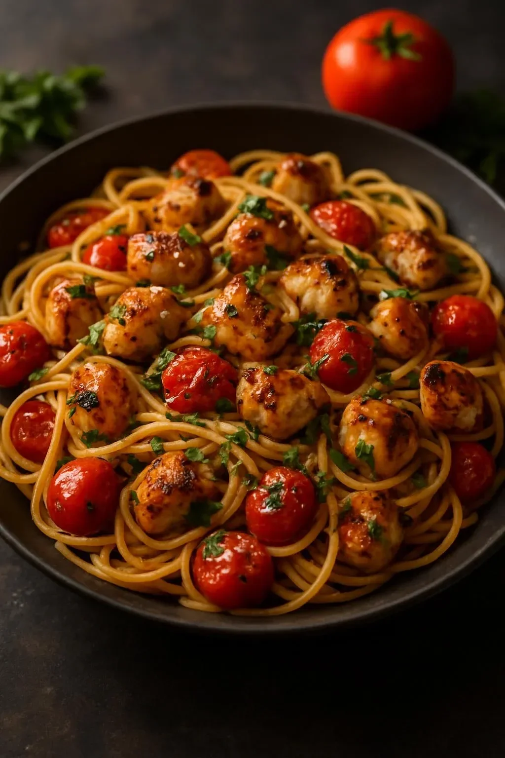 Plate of Bruschetta Chicken Pasta with fresh tomatoes and basil