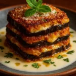 Burrata Eggplant Parmigiana topped with fresh basil and melted cheese