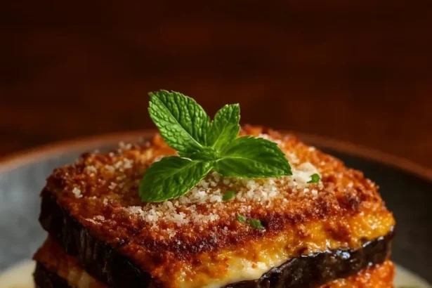 Burrata Eggplant Parmigiana topped with fresh basil and melted cheese