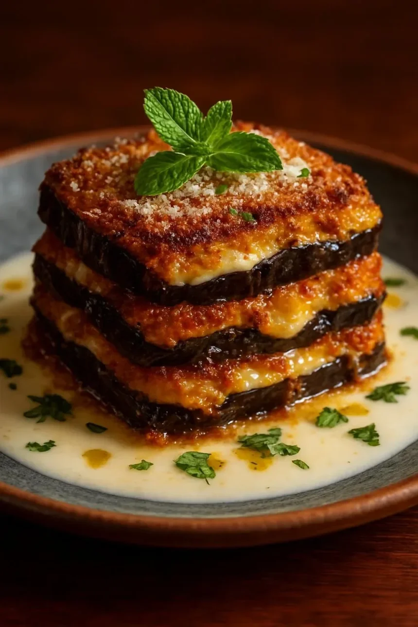 Burrata Eggplant Parmigiana topped with fresh basil and melted cheese