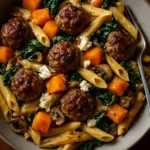 Creamy butternut squash pasta garnished with herbs