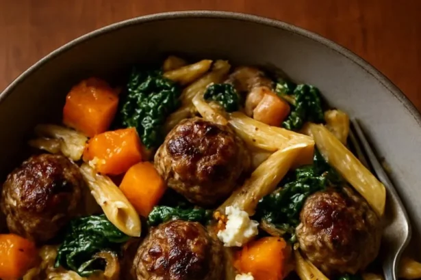 Creamy butternut squash pasta garnished with herbs