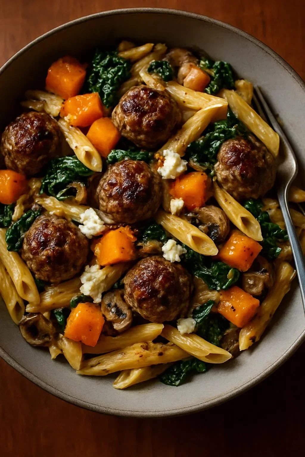 Creamy butternut squash pasta garnished with herbs