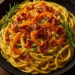 Delicious butternut squash pasta topped with crispy prosciutto and fresh herbs.