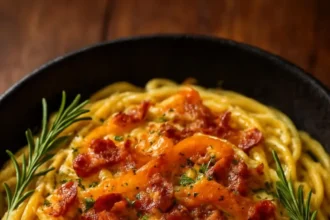 Delicious butternut squash pasta topped with crispy prosciutto and fresh herbs.