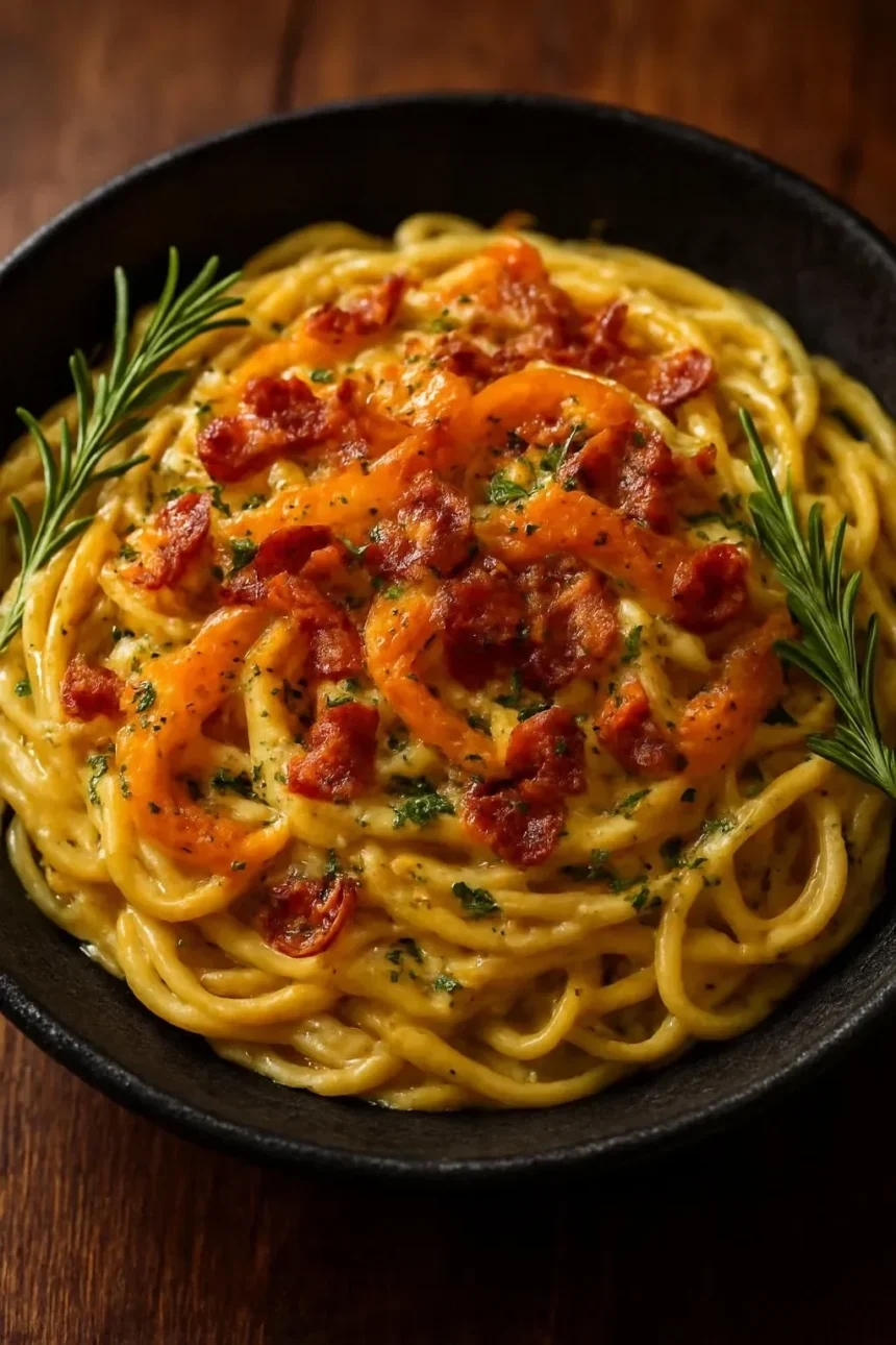 Delicious butternut squash pasta topped with crispy prosciutto and fresh herbs.