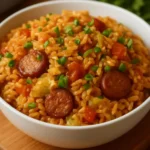 A delicious plate of Cajun Cabbage Jambalaya with sausage and rice.