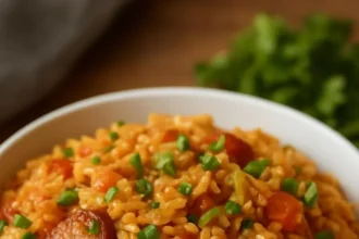 A delicious plate of Cajun Cabbage Jambalaya with sausage and rice.