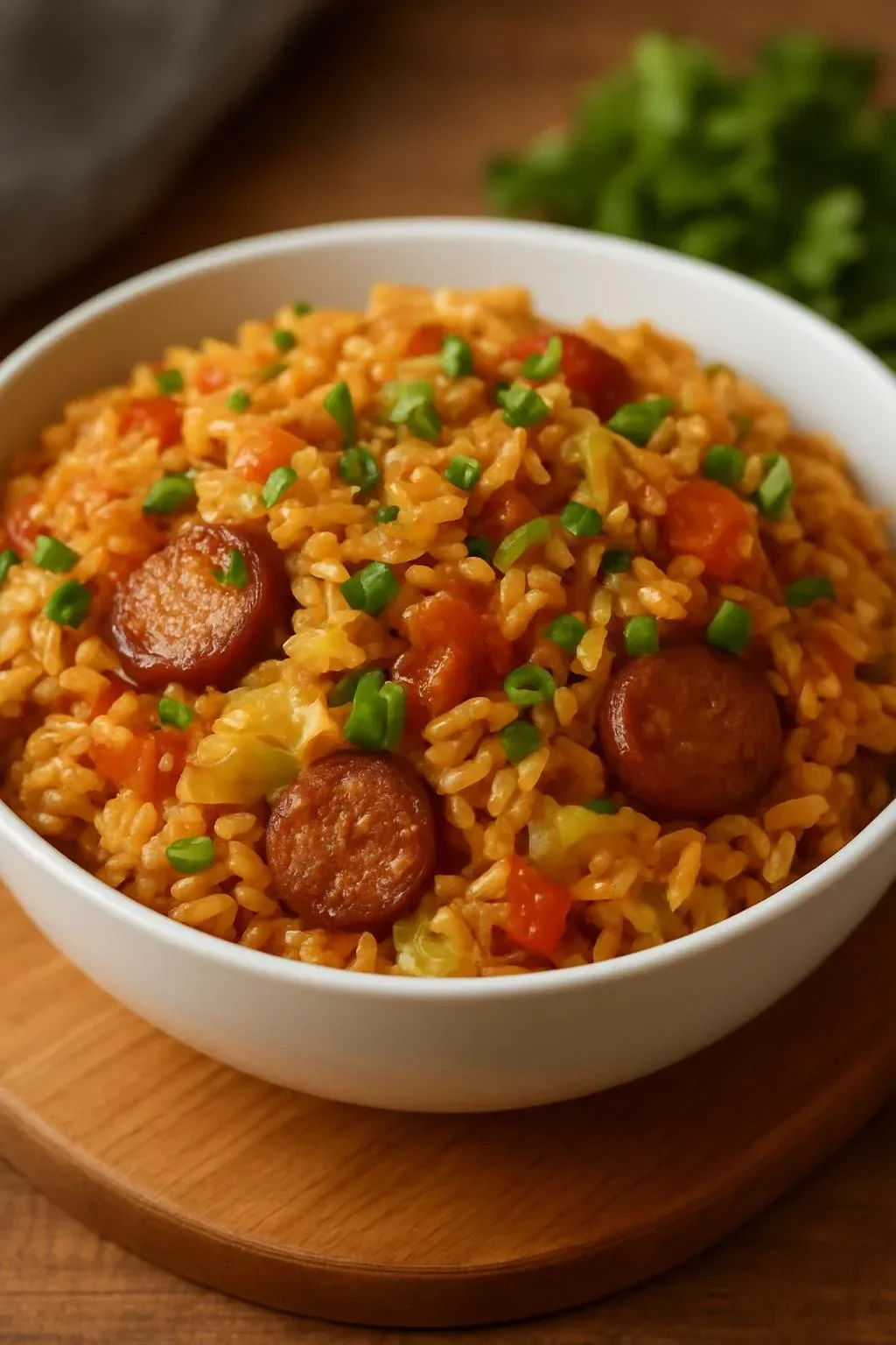 A delicious plate of Cajun Cabbage Jambalaya with sausage and rice.